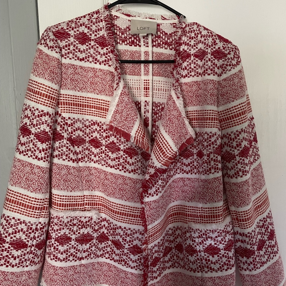Loft Fiesta Jacket Tweeted Blazer Draped Collar Unlined Fringed Red & White
